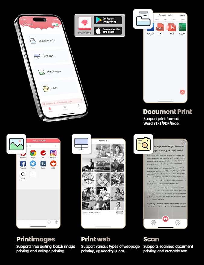 Phomemo Q302 Upgraded Portable Printers Wireless for Business, Ultra-Small Bluetooth Printer for Mobile Printing, 2400mAh Battery can Reverse Charging, 300dpi Inkless Printer Support 8.5X11 US Letter-DeskLoop Office