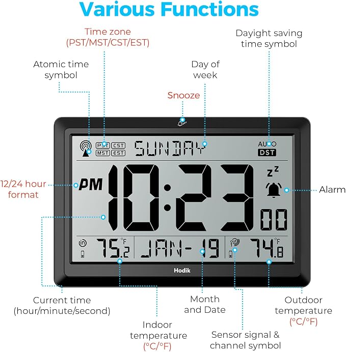 Wall Clock Atomic with Indoor Outdoor Temperature Battery Powered, Easy Reading - Image 3