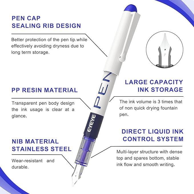 EYEYE Fountain Pens for Writing, 8 Pack Assorted Colors Fine Point Disposable Fountain Pens Stainless Steel Nib, Smooth Writing for Calligraphy, Journaling, Drafting, Sketching, Doodling & Gifts-DeskLoop Office