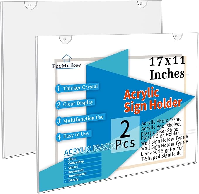 PecMuikee Acrylic Sign Holder 17 x 11 Inch, Wall Mount Sign Holders Clear by PecMuikee
