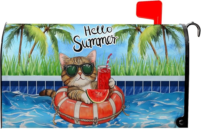 Hello Summer Funny Cat Mailbox Covers Magnetic Tropical Plants Watermelon by farg