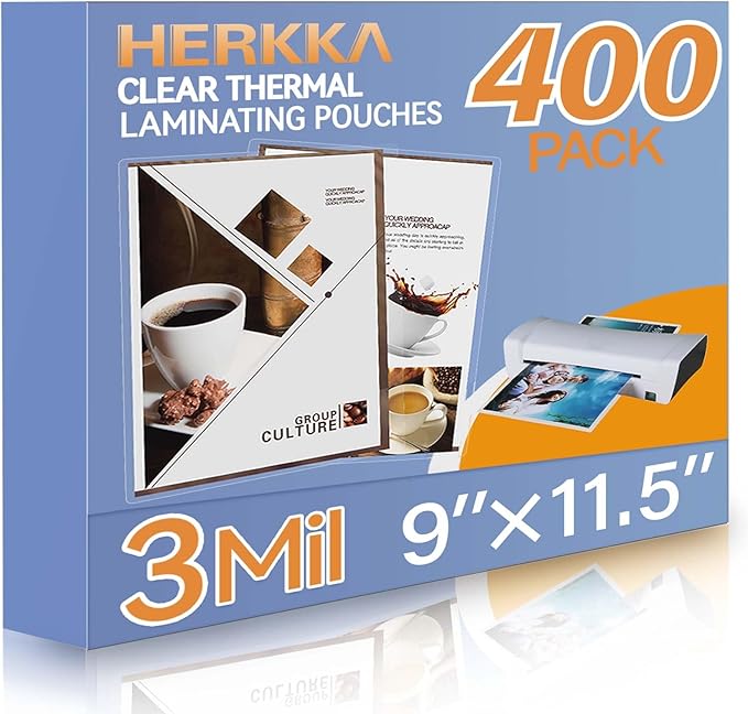 HERKKA 400 Pack Laminating Sheets, Holds 8.5 x 11 Inch Sheets, 3 Mil Clear Thermal Laminating Pouches 9 x 11.5 Inch Lamination Sheet Paper for Laminator, Round Corner Letter Size-DeskLoop Office