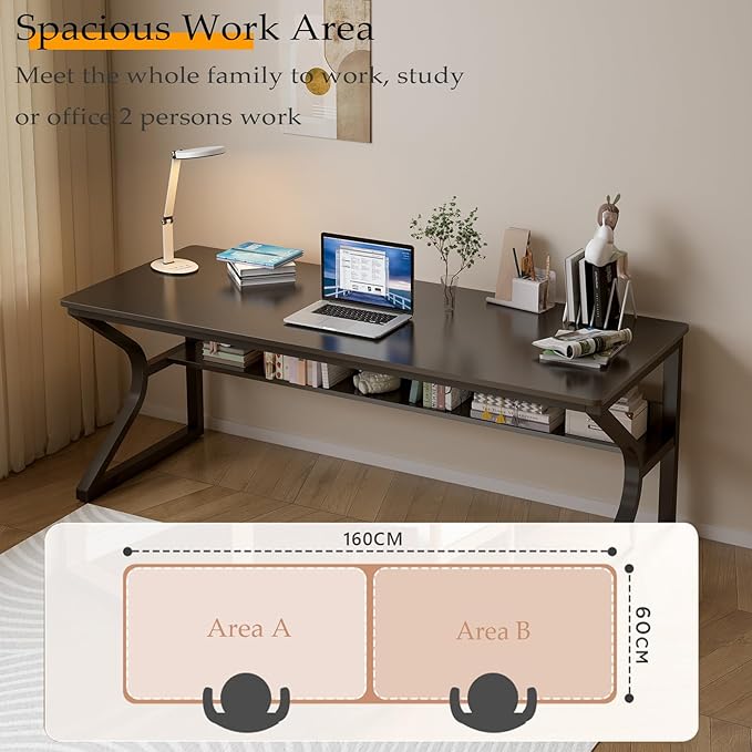 Extra Long Desk with Bookshelf - 63" Double Long Writing Table for 2-Person Workstation, Modern Study Work Computer Desk for Home and Office, Black-DeskLoop Office