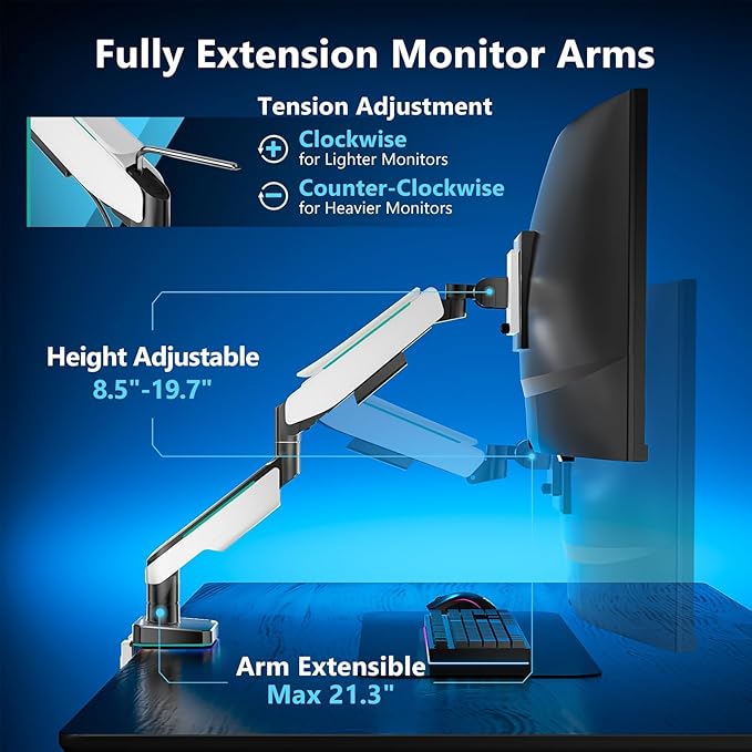 WALI Heavy Duty Monitor Arm, Monitor Stand for Screen up to 49 inch, 44 lbs, Aluminum Ultrawide Computer Mount for Samsung Odyssey G9, Adjustable, Mounting Holes 75 and 100 (GAM001XL), White-DeskLoop Office