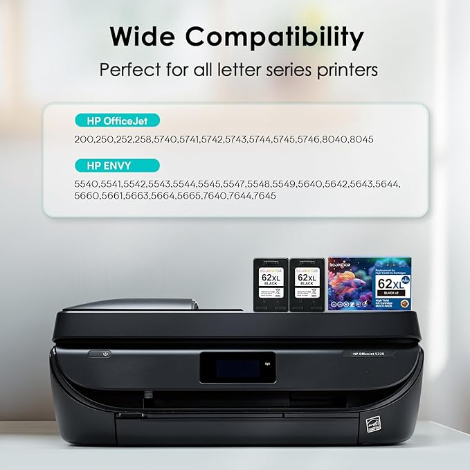 EcoVictor Remanufactured 62XL Ink Cartridges (2 Black) Compatible for HP Ink 62 62XL HP62 for Envy 5540 5542 5545 5640 5642 5660 5665 7640 7645 OfficeJet 5740 5742 5745 8000 8040 200 250 Printer 62 XL-DeskLoop Office