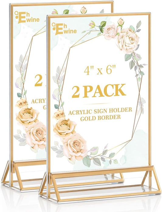 EHWINE 2 Pack Acrylic Sign Holder 4 x 6, Double Sided Gold Picture Frame Stand by EHWINE