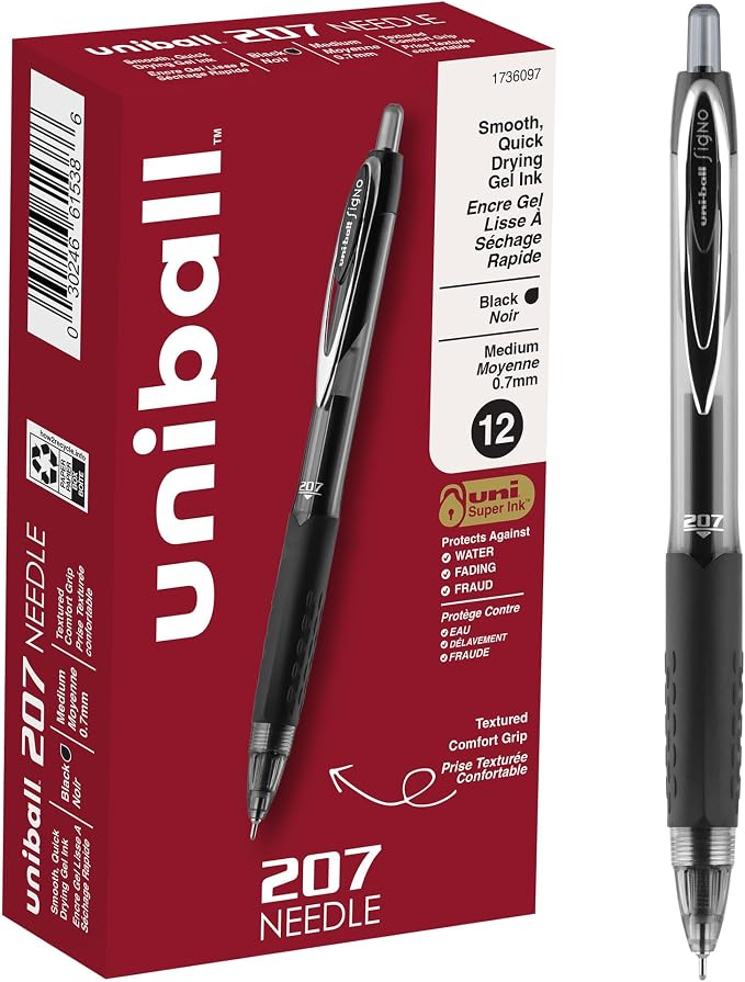 uniball 207 Needle Retractable Gel Pens, Medium Point, 12 Pack by uni-ball