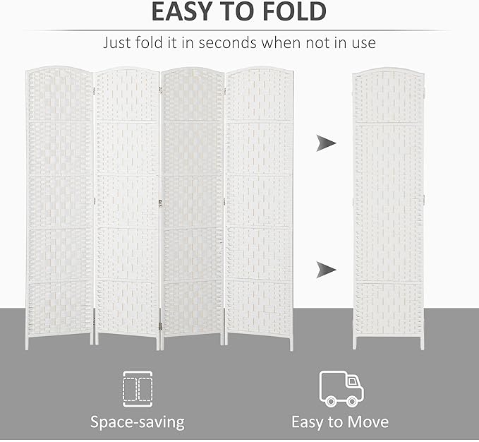HOMCOM Room Divider, 4 Panel Folding Privacy Screen, 6FT Tall Portable Wicker Weave Partition Wall Divider for Bedroom, Home Office, White-DeskLoop Office