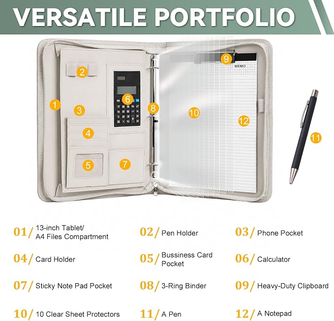 Leathario Portfolio Binder, Includes 5 Sheet Protectors and a Pen, 13 Inch - Image 4