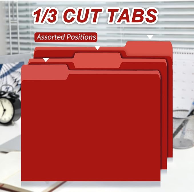 VZCPYTPM 100 Pack Red File Folder, 1/3-Cut Tabs, Paper File Folders Letter Size - Image 2