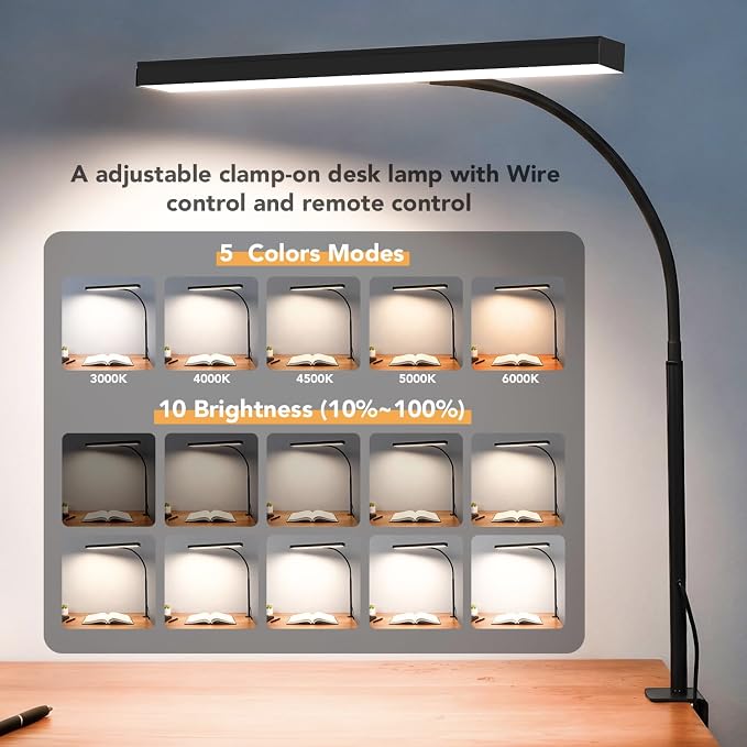 LED Desk Lamp with clamp, Remote Control Desk Lamp, 5 Color Modes & 10 - Image 5