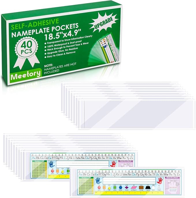 Meetory 40 PCS Upgraded Nameplate Pocket, 18.5" x 4.9" Self Adhesive Desk by Meetory