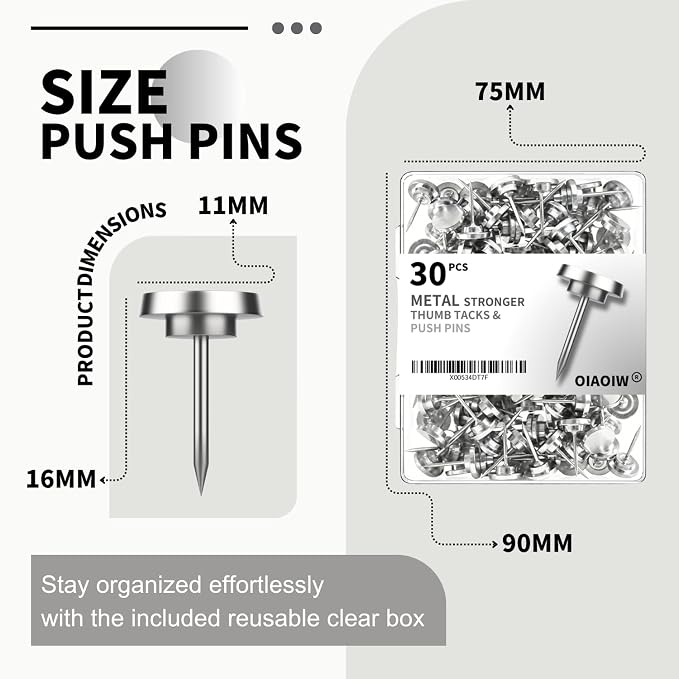30 PCS Metal Silver Push Pins for Wall Thumb Tacks for Walls Flat thumbtacks - Image 6