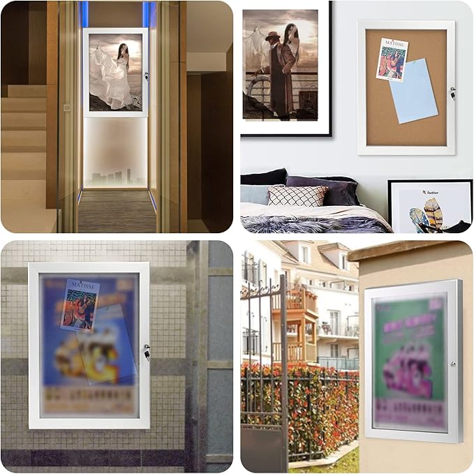 Locking Enclosed Bulletin Board Aluminum Cork Memo Board Wall Mount Noticeboard with Rubber Seal Tamperproof Single Door Display Case for Indoor Or Outdoor Use, 26.8×20 in-DeskLoop Office