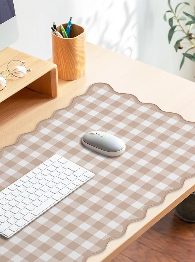 Scalloped‌ Checkered Desk Mat Cute Light Brown Gingham XXL Large Gaming Mouse - Image 3