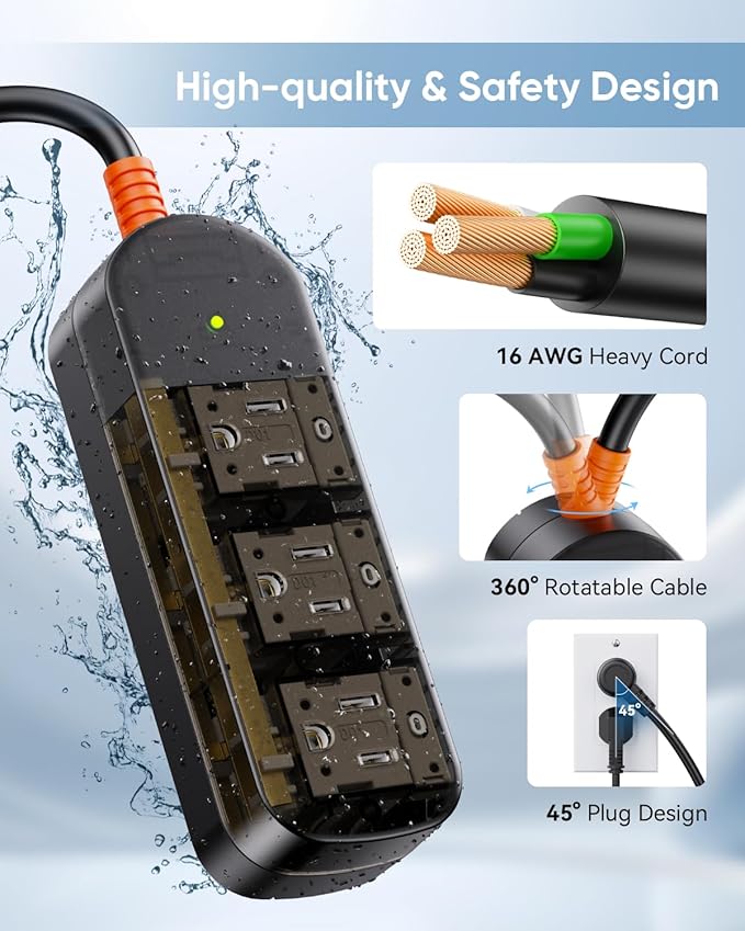 IPX6 Outdoor Power Strip Weatherproof, Surge Protector with 6FT Extension Cord 3 Outlets, Waterproof Power Strip 1875W Overload Protection for Kitchen Patio Christmas Lights, Clear Black-DeskLoop Office