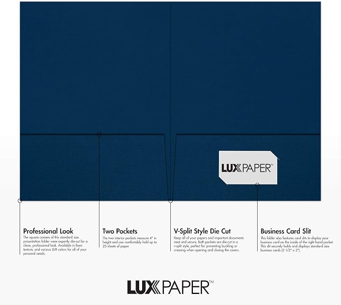 LUXPaper 9" x 12" Presentation Folders | Two Pocket | Nautical Blue Linen | - Image 2