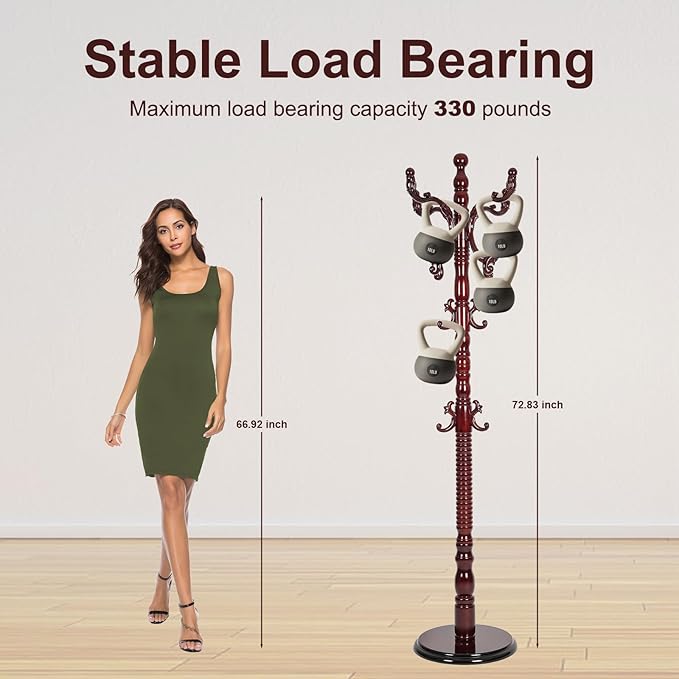 Solid Wood Coat Rack – 73" Freestanding Coat Racks Stand with 14 Hooks & Stable Round Base, Adjustable Height Modern Wooden Hall Tree for Entryway, Bedroom, Office, Home (Mahogany Round)-DeskLoop Office