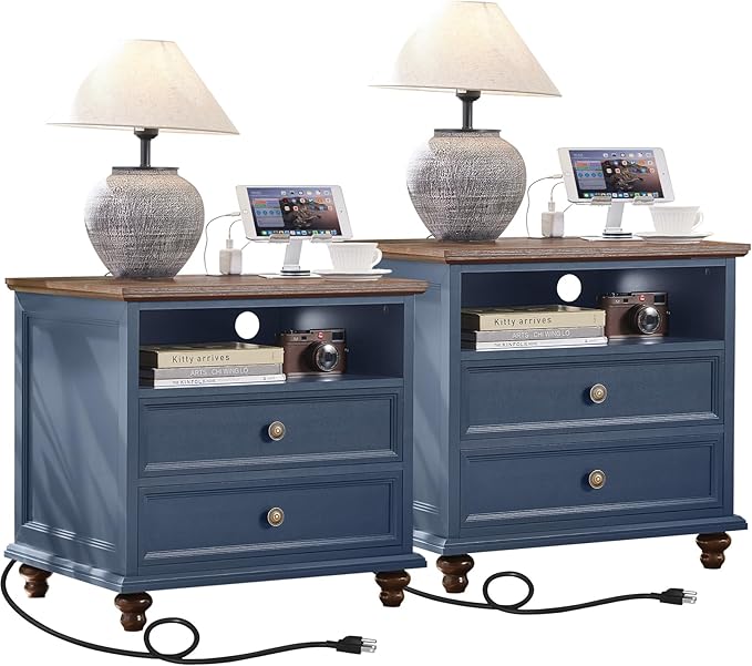 24" Wide Farmhouse Nightstand Set of 2 with Charging Station,End Table with 2 Drawers,Blue Wood Dresser for Bedroom Cabinet, Bed Side Table Chest of Drawers, Night Stand for Living Room, Closet-DeskLoop Office