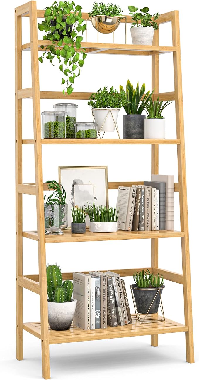 Homykic Bamboo Bookshelf 4-Tier Ladder Shelf, 49.2” Freestanding Open Bookcase by Homykic