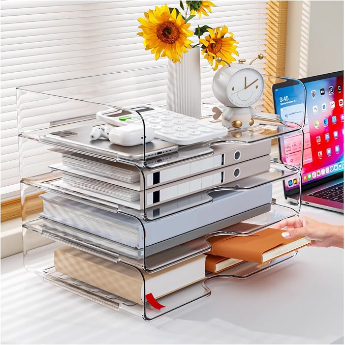 Paper Organizer Letter Tray, 4 Pack Acrylic Stackable Desk File Organizer - Image 2
