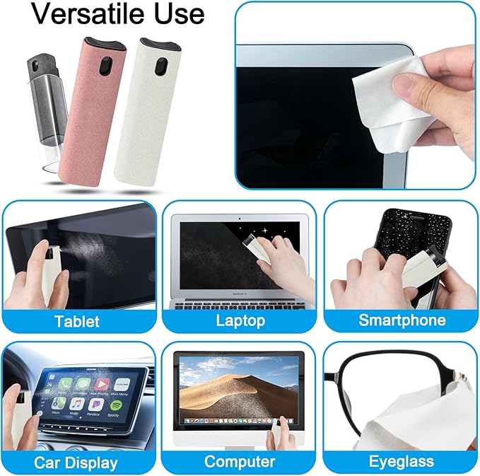 walrfid 3Pcs Car Screen Cleaner, Computer Screen Cleaner Spray and Wipe, Laptop Cleaner Kit for Cleaning iPad, iPhone, Cellphone, MacBook, Car Display, Electronic Device Screen, Grey Pink Cream-DeskLoop Office