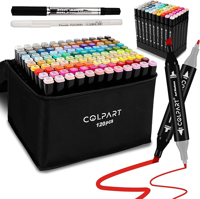 120 Colors Alcohol Markers Set Dual Tip Art Markers for Kids Marker Pens with Pen Holder and Case for Adult Painting Supplies Perfect for Painting, Coloring Book, Sketching and Drawing-DeskLoop Office