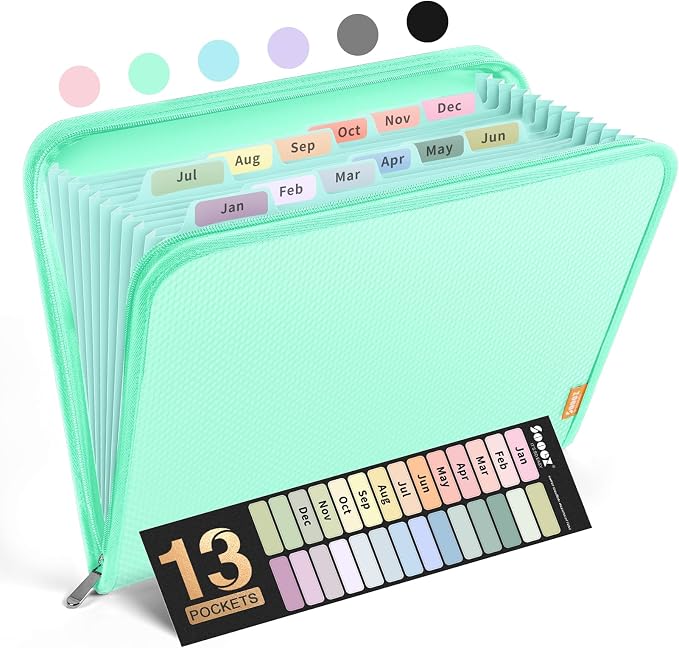 Sooez 13 Pocket Accordion File Organizer, Zipper Expanding File Folder Organizer by Sooez