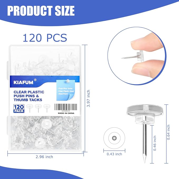 120 Count Clear Push Pin Tacks, Premium Thumb Tacks Steel Point and Plastic - Image 2