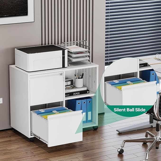 Letaya Mobile File Cabinet, Metal Lateral Rolling Printer Stand Filing Cabinets with Shelves for Home Office-Storage A4/F4/Letter (White)-DeskLoop Office