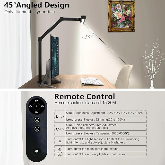 Micomlan Architect Desk Lamp with Remote Control, Adjustable Led Desk Light for Home Office with Base, 24W Bright Auto Dimming Table Light Rotatable Office Lamp with Swing Arm for Computer Cafting-DeskLoop Office
