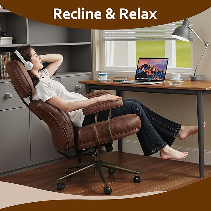 Faux Leather Executive Office Chair - Big and Tall Ergonomic Home Office Chair,Reclining Computer Desk Chair w/Lumbar Support,Adjustable Task Chair Swivel Rolling Chair with Wheels,Dark Brown,Suede-DeskLoop Office