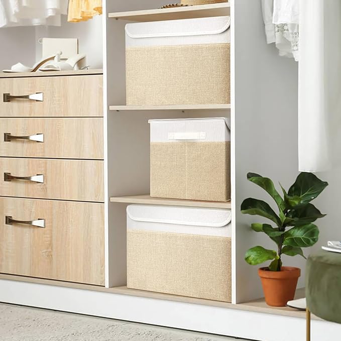 Large 17" 42 Quarts Collapsible Stackable Storage Bins with Lids [3-Pack] Foldable Fabric Linen Storage Boxes Cube, Closet Organizer Baskets with Label (16.7 x 12 x 12", Beige & White)-DeskLoop Office