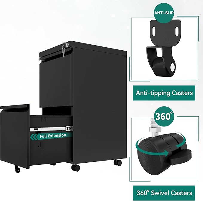 YITAHOME 2 Drawer File Cabinet with Lock, Mobile Metal Filing Cabinet for Letters/Legal/A4 Size, Home Office & Business Enterprise, Fully Assembled Except Wheels, Black-DeskLoop Office