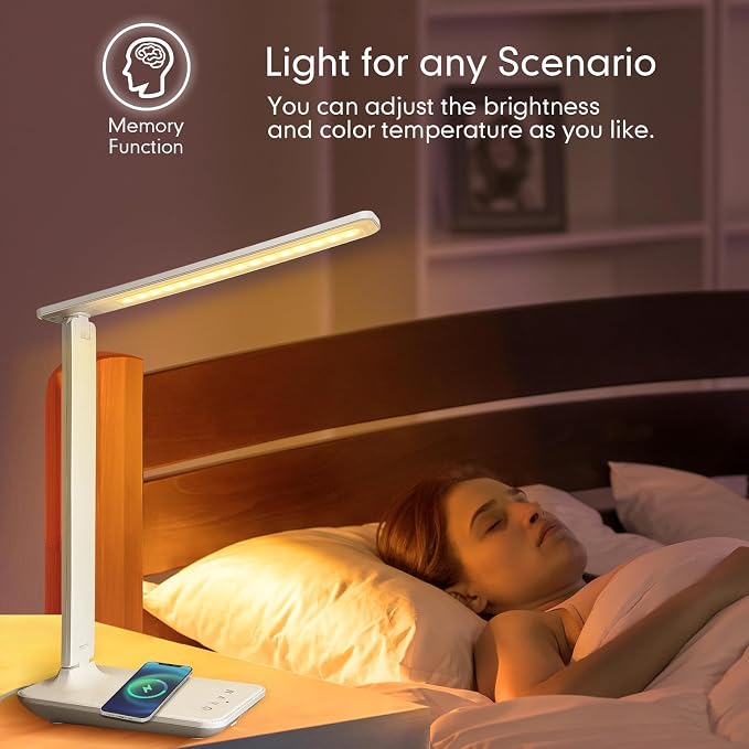 White crown LED Desk Lamp with 15W Wireless Charger & USB Port, Dimmable Table - Image 4