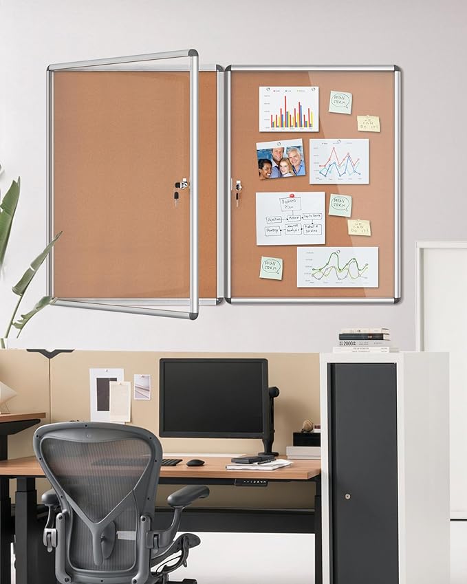 2 Pack 38"x28" Enclosed Bulletin Board, Lockable Weather-Resistant Aluminum Cork Noticeboard for School & Office, Silver Frame w/Cork-DeskLoop Office