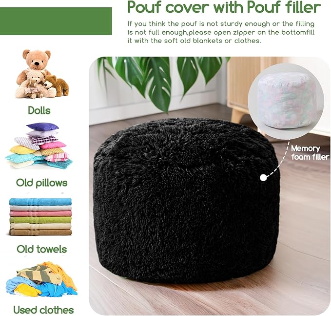 HIGOGOGO Round Stuffed Pouf Ottoman, Long Faux Fur Poufs with Foam Chunk Filling, Fluffy and Furry Pouf Foot Stool Storage Ottoman, 20 X 15 Floor Poufs Foot Rest for Living Room, Black-DeskLoop Office