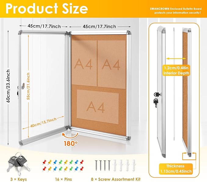 S SWANCROWN Enclosed Bulletin Board 24x18 in, Tamperproof Lockable Cork Board Wall Display Case for Office School Home, Aluminum Frame-DeskLoop Office