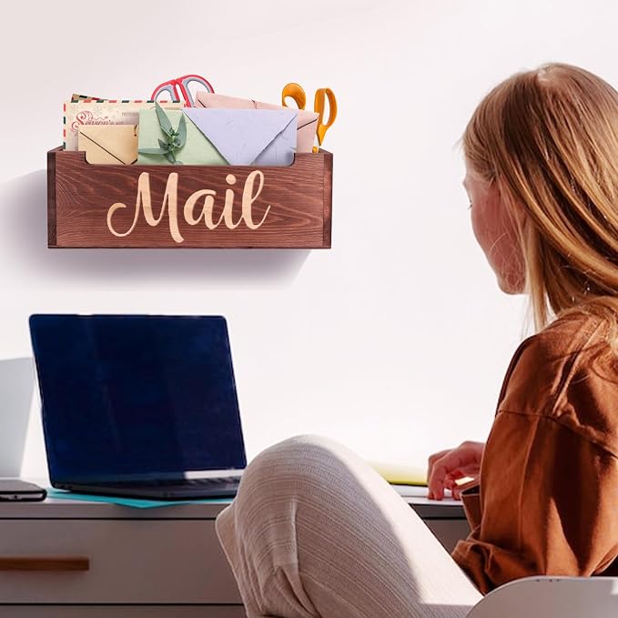 Wooden Mail Organizer Mail Holder Countertop, Farmhouse Brown Mail Tray Mail - Image 4
