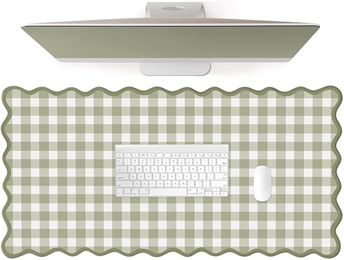 Scalloped‌ Green Checkered Desk Mat Cute Pastel Large Gaming Mouse Pad Gingham by Unknown