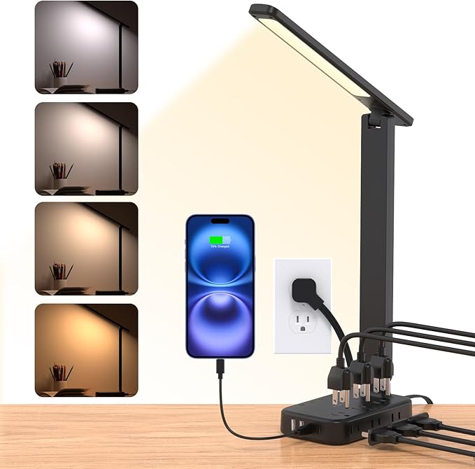 One Beat Desk Lamp with 6 Outlets 4 USB Ports(2×USB-C),Eye Protection Table Lamp Power Strip with 4 Color Modes 5 Brightness Touch LED Desk Lamps for Home Office College Dorm Room Essentials(Black)-DeskLoop Office