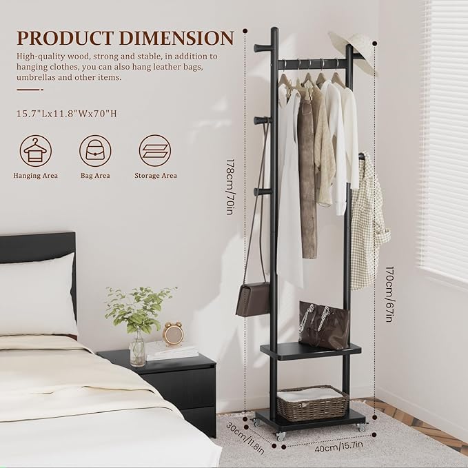 Coat Rack Freestanding Clothing Rack with Wheels & 2 Shelves Storage & 5 Hooks Heavy Duty Clothes Rack Wood Coat Tree Stand Hat Hanger Rack for Corner Bedroom Entryway Living Room Hotel-DeskLoop Office