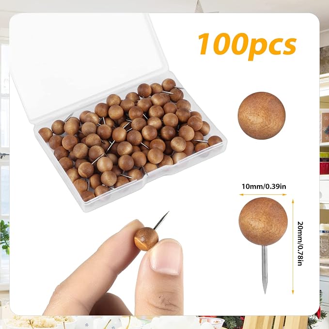 100pcs Wooden Push Pins, Natural Wood Push Pins Round Head Thumb Tacks - Image 2