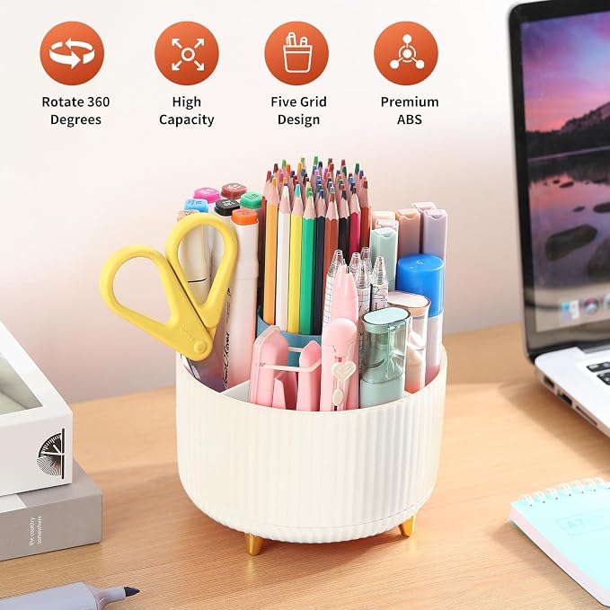 Desk Pencil Pen Holder, 5 Slots 360°Degree Rotating Pen Organizers - Image 2