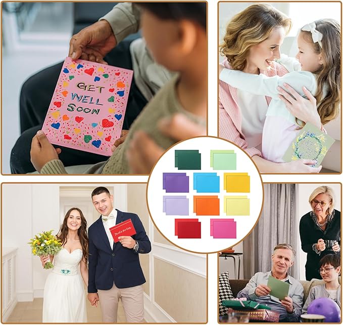 100 Packs 10 Assorted Colors Blank Greeting Cards and Envelopes 4.25 x 5.5 Heavyweight Flat Cardstock and A2 Envelopes Self Seal for Wedding, Invitations, Thank You Cards