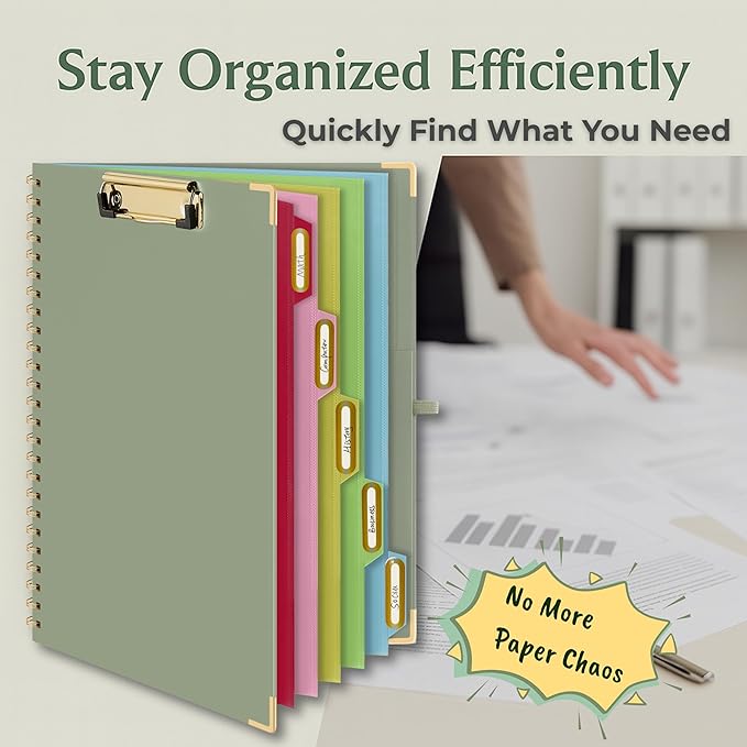 Mymazn Clipboard Folio with Storage, Sturdy Sage Green Cover, 5 Dividers & 10 - Image 2