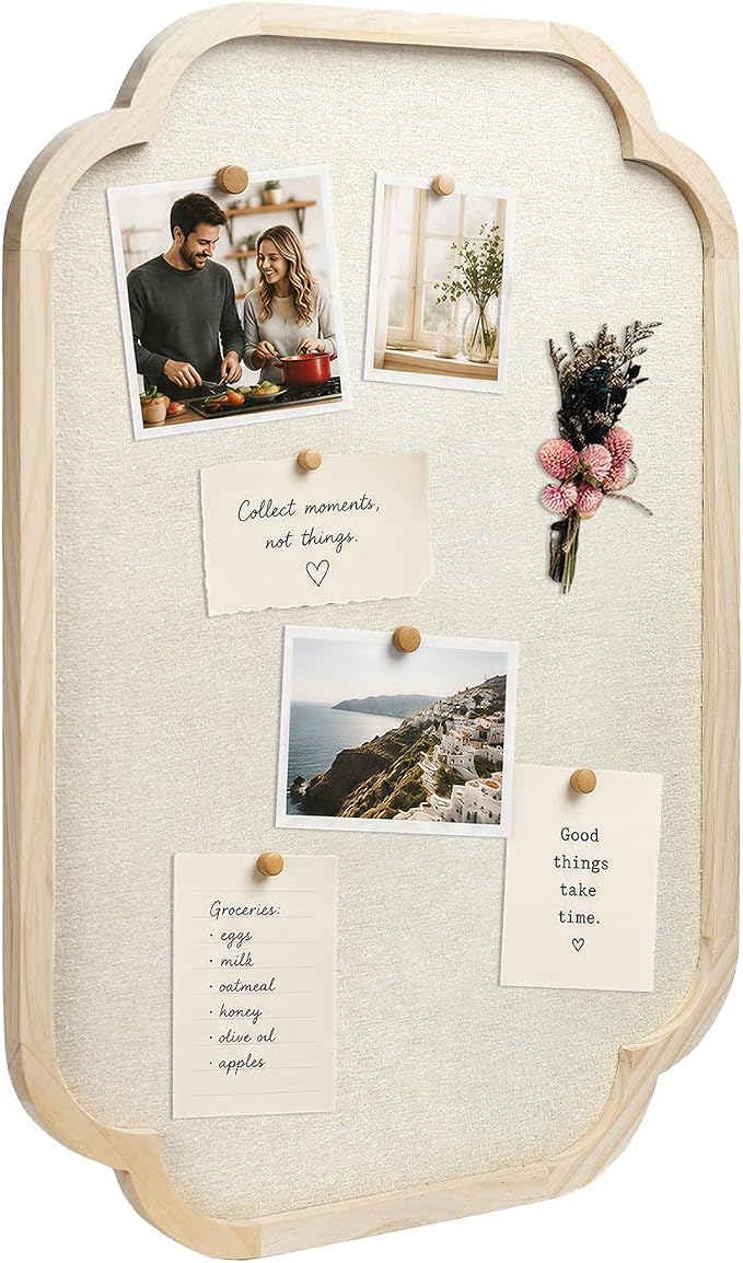 Modern Scalloped Pinboard, 17.7" x 23.6" Rustic Fabric Bulletin Board, Natural by Okydoky