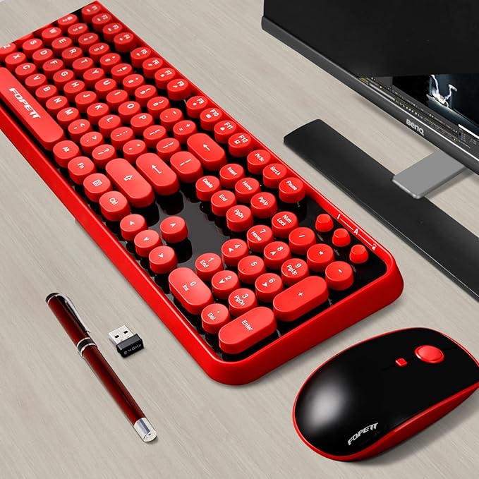 FOPETT Wireless Keyboard and Mouse Combo, 104 Keys Full-Sized 2.4 GHz Round Keycap Colorful Keyboards, USB Receiver Plug and Play, for Windows, Mac, PC, Laptop, Desktop (Black Red)-DeskLoop Office