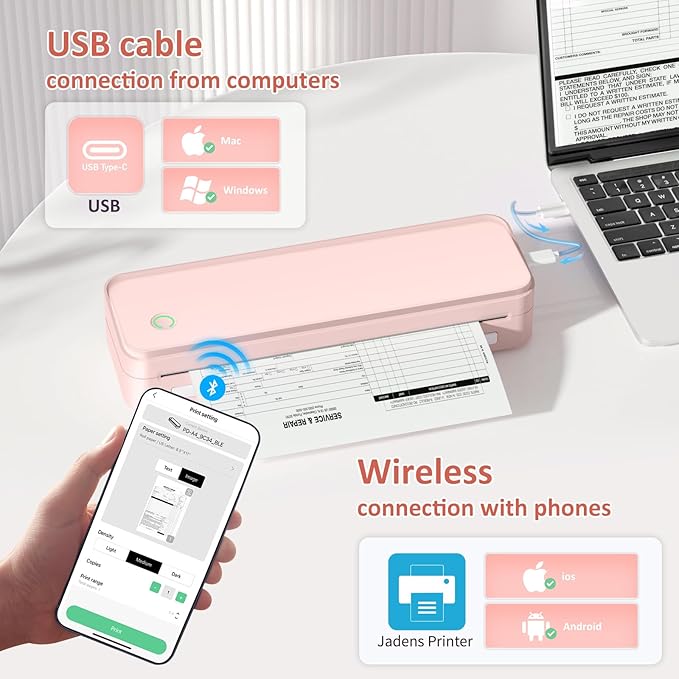 Inkless Portable Printer for Travel, Wireless Thermal Printer Supports 8.5 x 11 Inch US Letter Size, Bluetooth Machine Includes Carry Case and 3 Rolls of Thermal Paper Kit, Pink-DeskLoop Office