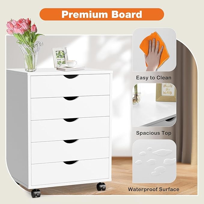 5 Drawer Chest, Dressers Storage Cabinets Wooden Dresser Mobile Cabinet with Wheels Room Organizer, Small Drawers Wood Organization Furniture for Office, Home-DeskLoop Office